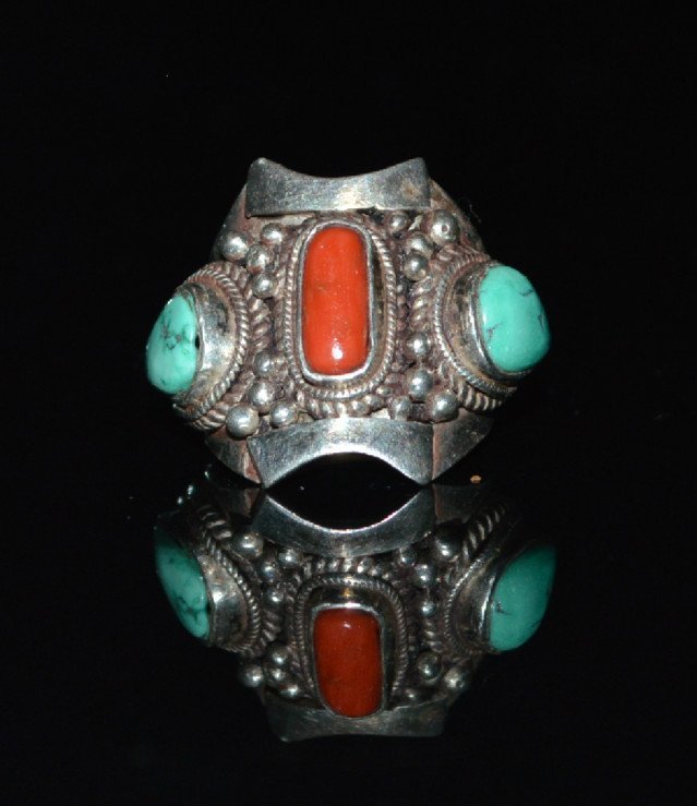 A Tibetan Coral and Turquoise Traditional Silver Ring (1 of 3)