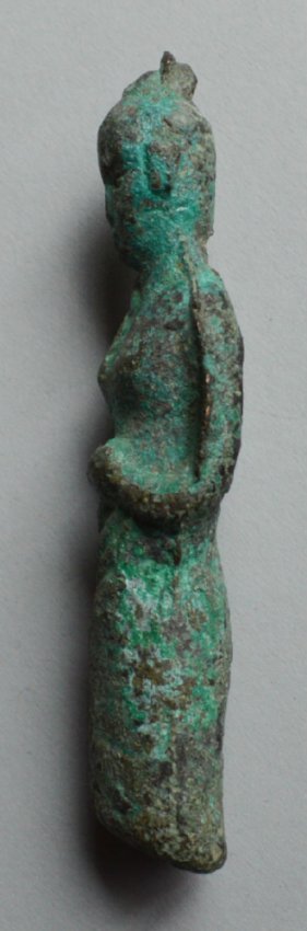 Archaic Bronze Court Official Pendant/ lady: Archaic Bronze ,Nice heavily cast bronze figure of a Han Dynasty court lady as a finial for unknown object. Good patina and malachite formations. 3 inches high.