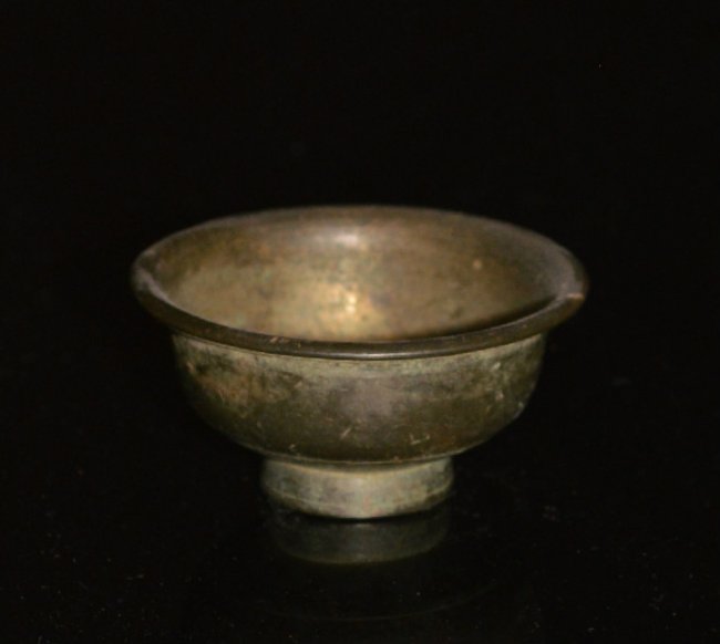 Ming Dynasty Bronze Wine Cup: Well formed with everted lip, bulbous body and a slightly everted foot with blue green patina in places. 2.25 inches dia. Visit http://suppingers.com/jun-kiln.html for more photos and details.
