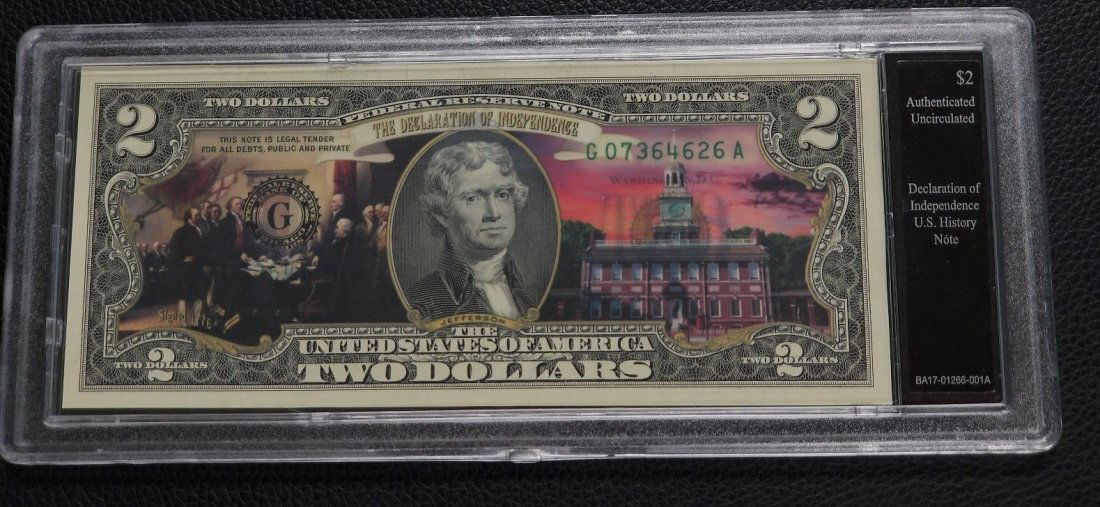The Bradford Exchange Mint Colorized Jefferson $2 Bill: The Bradford Exchange Mint Colorized & UNC Jefferson $2 Dollar Bill W/COA