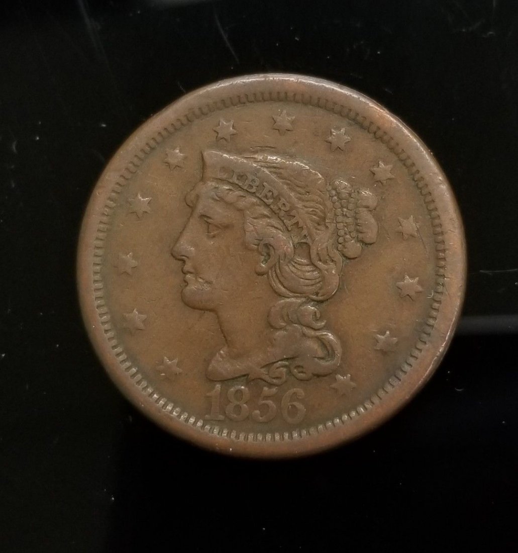 1856 Braided Hair Large Cent Penny SLANTED 5 **VF** (1 of 2)