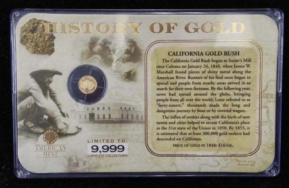 American Mint History of Gold California Gold Rush .5: American Mint History of Gold California Gold Rush .5 Grams 14K with COA Year n/a Year n/a