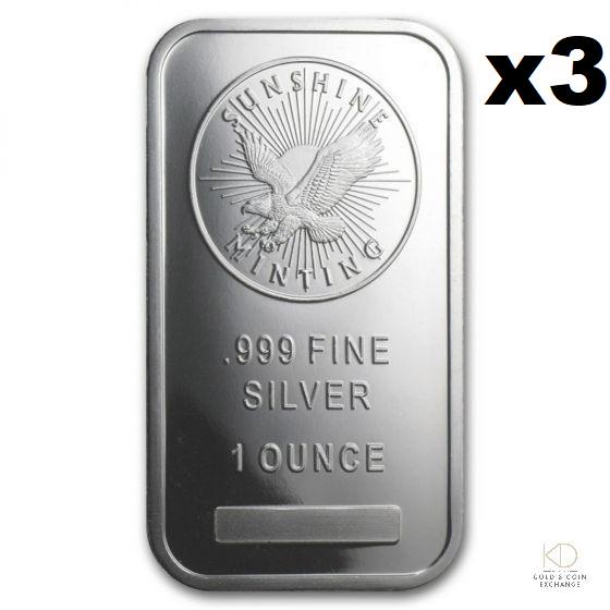 Three 1 ozt Sunshine Minting .999 Fine Silver Bar (1 of 2)