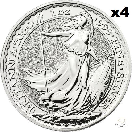 Four 2020 1 oz .999 Fine Silver Britannia 2 Pounds BU: Four (4) 2020 1 oz .999 Fine Silver Britannias by Great Britain in BU condition. Each Coin: Contains 1 oz of .999 Fine Silver Depicts the internationally recognized figure of Britannia standing firm a