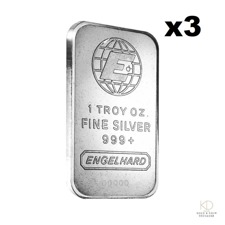 Three 1 ozt Engelhard 999 Silver Bar (Random) E-Globe: Three (3) 1 Troy oz Engelhard .999 Fine Silver Bar (Tall E-Globe Design) Each Bar: Contains 1 oz of .9999 Fine Silver Tall E-Globe Design Random Serial Number and Bar