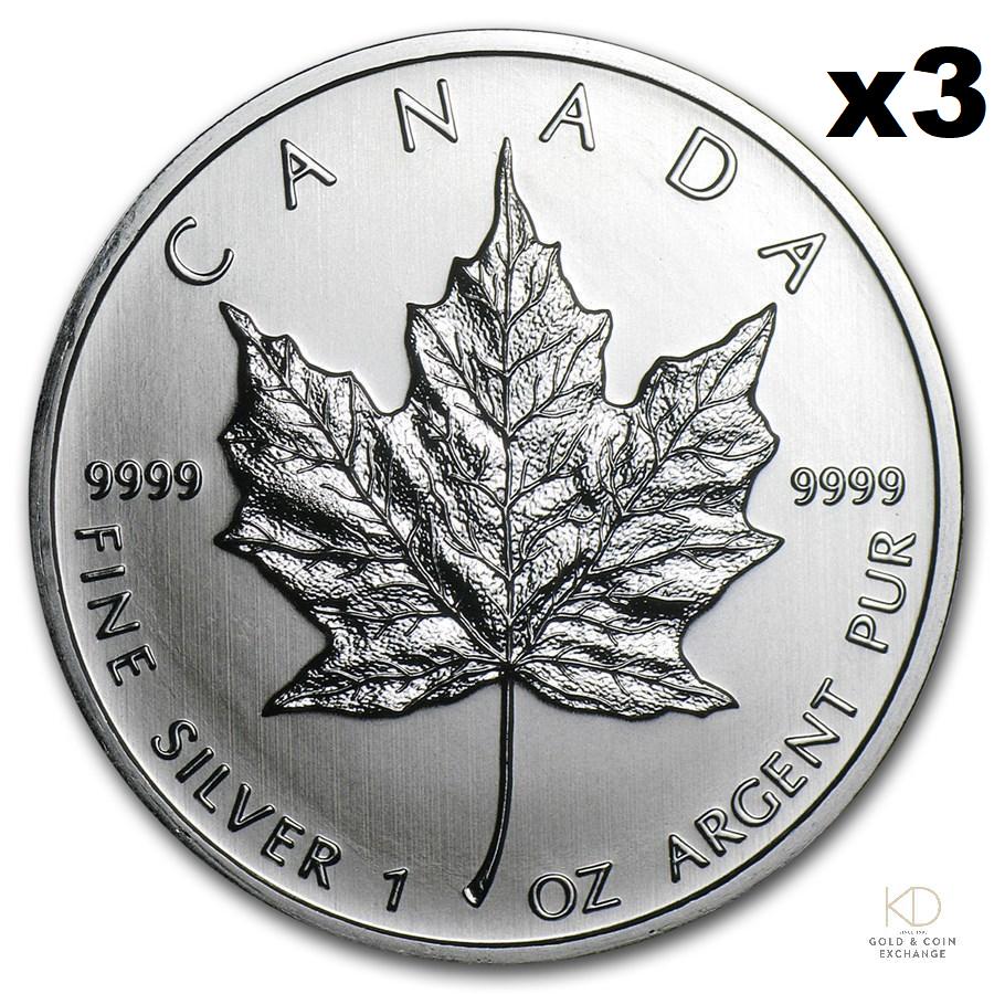 Three 1 ozt 999 Silver Maple Leaf Canadian Round $5 '11 (1 of 2)