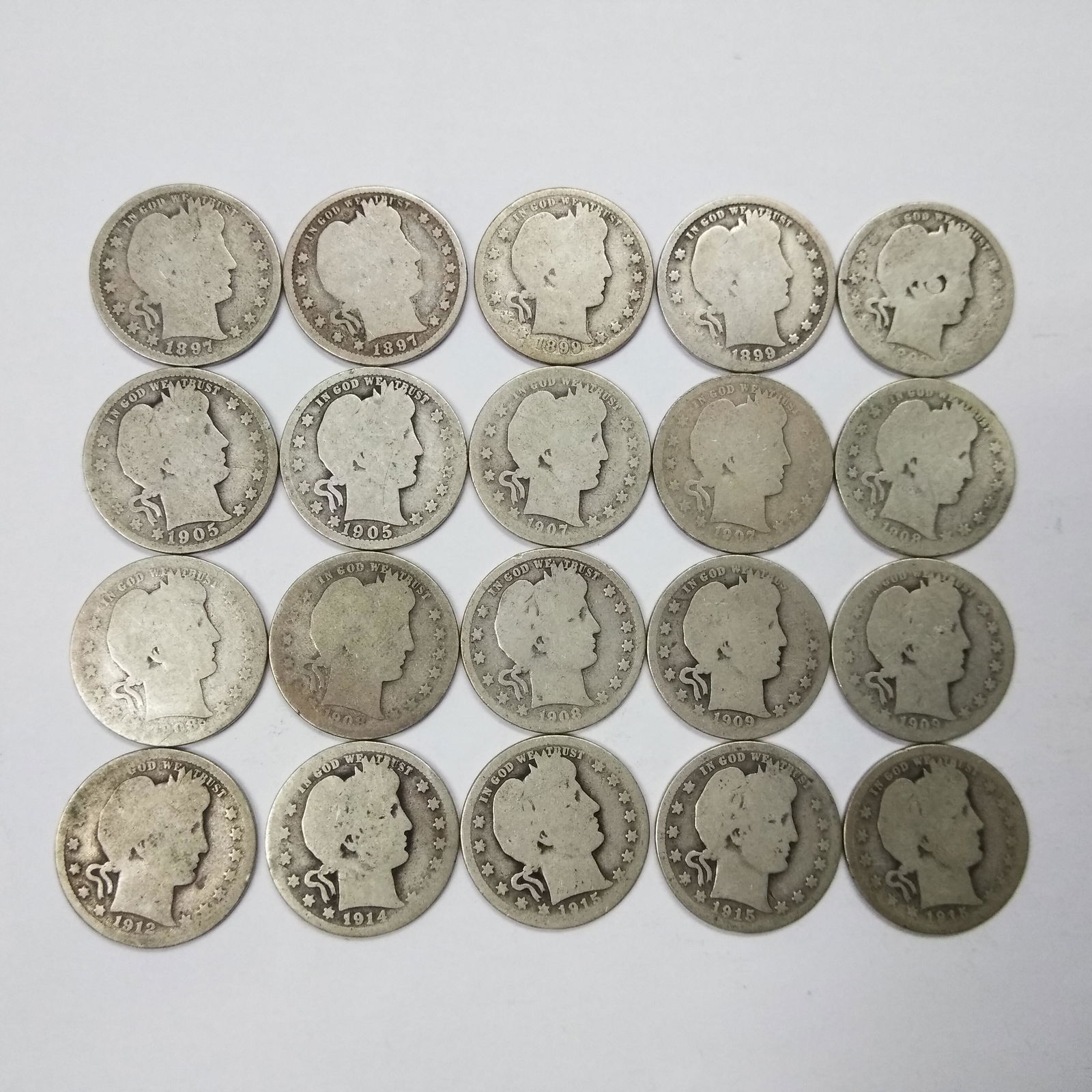 $5 FV Barber Quarter Dollars, G Condition (20) (1 of 2)