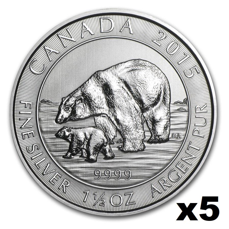 Five 2015 1.5 oz $8 Silver Canada Polar Bear & Cub BU (1 of 2)