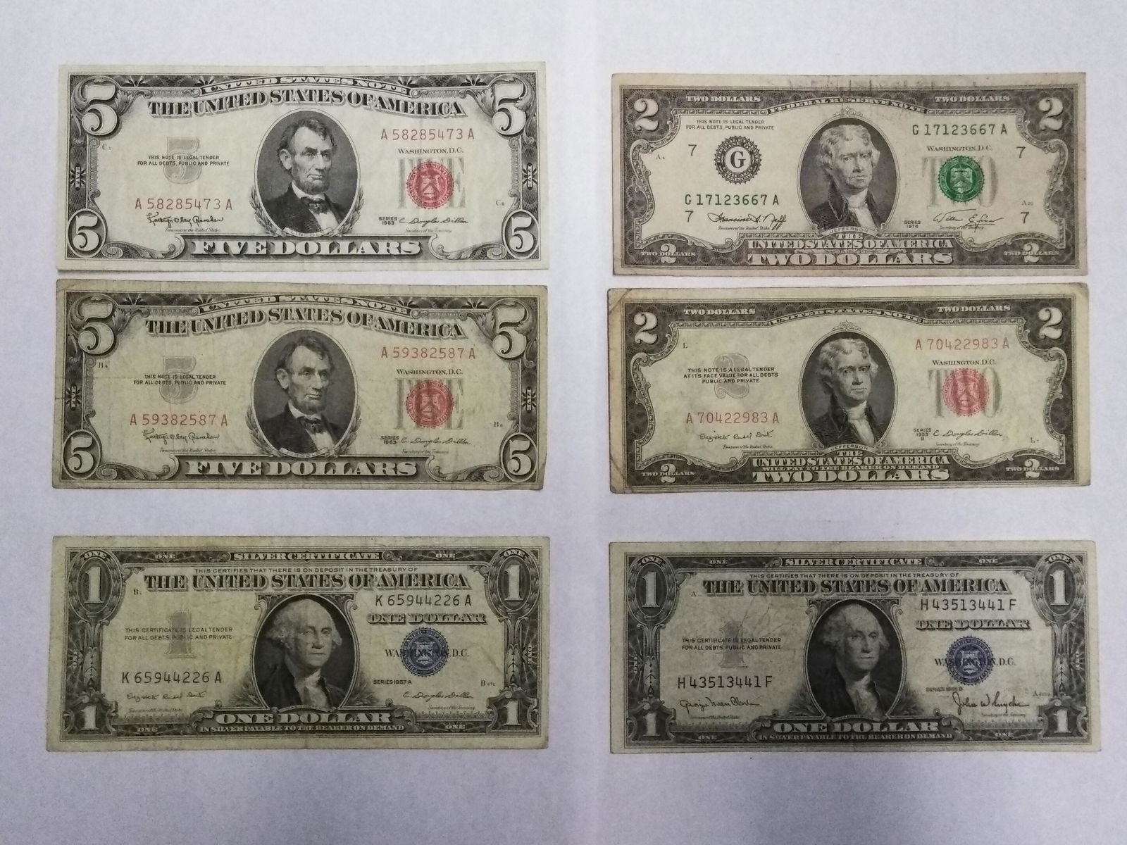 Six Paper Bills $16 FV - $5, $2, $1 Silver Cert 1935-76 (1 of 2)