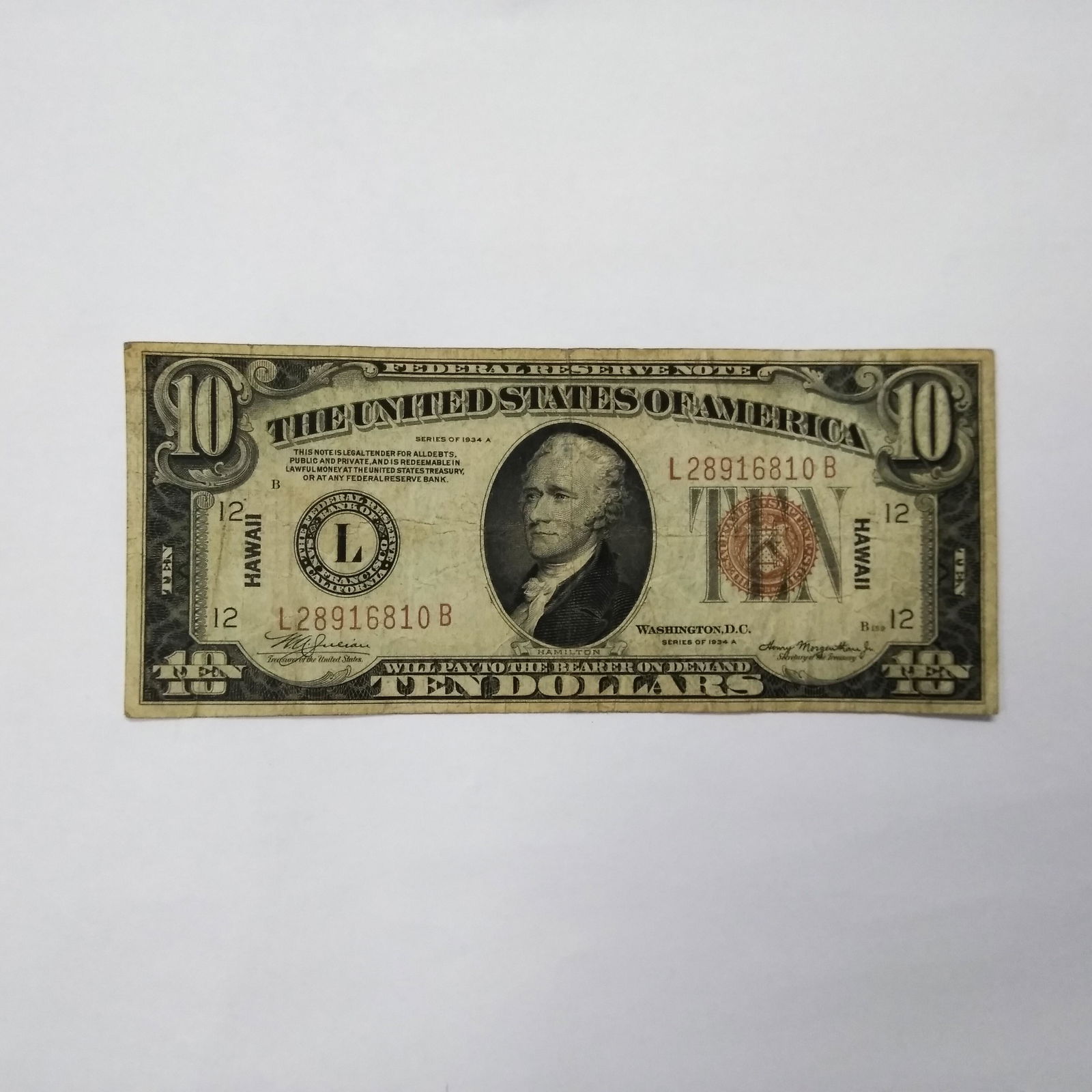 $10 1934-A Emergency Issue Hawaiin Bill Red Seal (1 of 2)