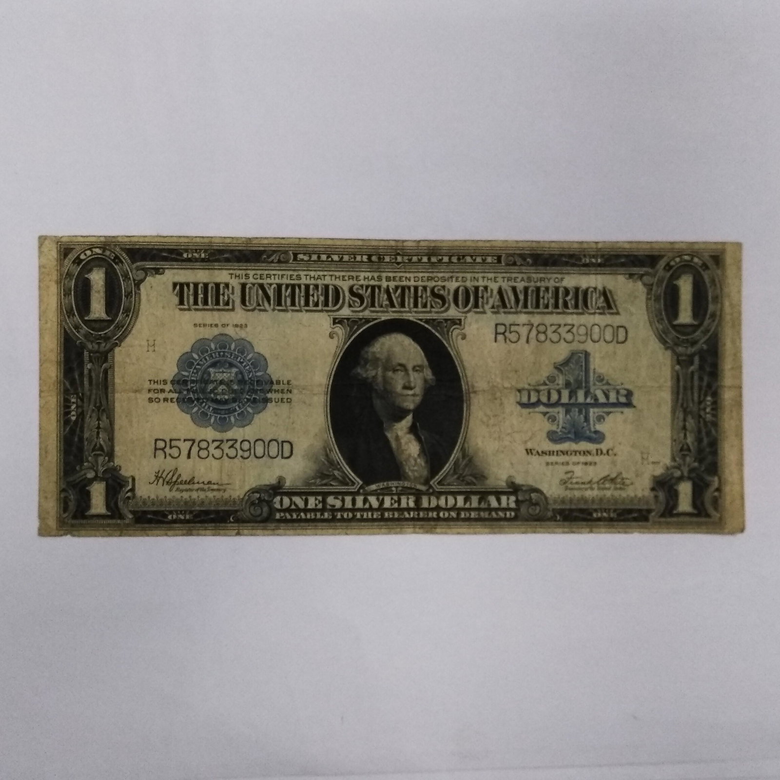 1923 $1 Silver Certificate Blue Seal - Horse Blanket: One 1923 $1 Silver Certificate Blue Seal - Horse Blanket $1 Face Value All our bills ship in protective plastic currency holders. Please review all pictures, any folds and creases and judge condition.