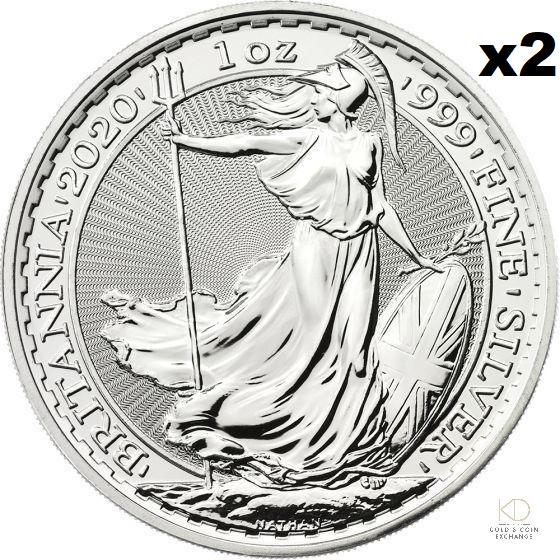 Two 2020 1 oz .999 Fine Silver Britannia 2 Pounds BU (1 of 2)