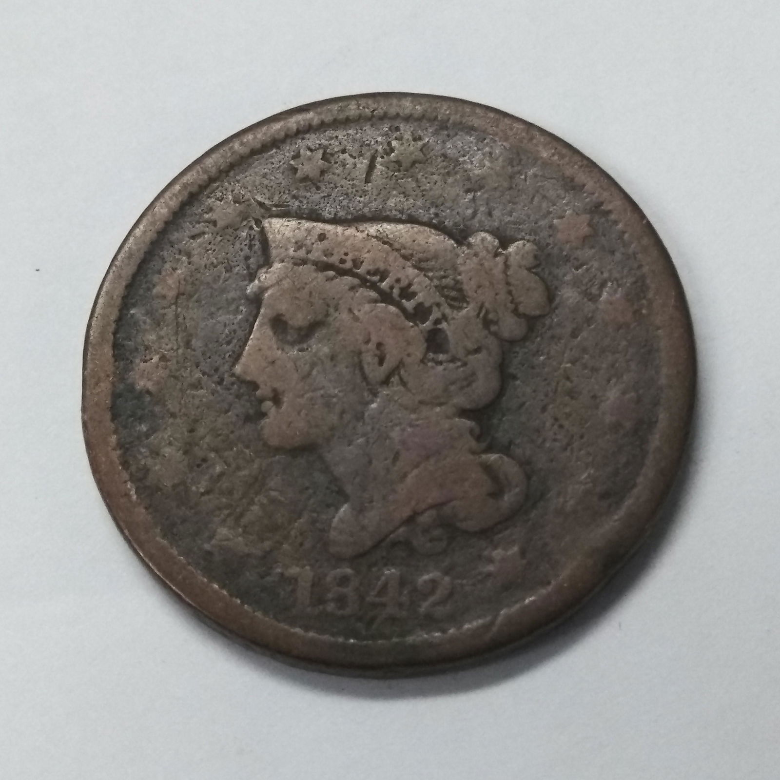 1842 Large Date Braided Hair Large Cent, VG Condition (1 of 2)