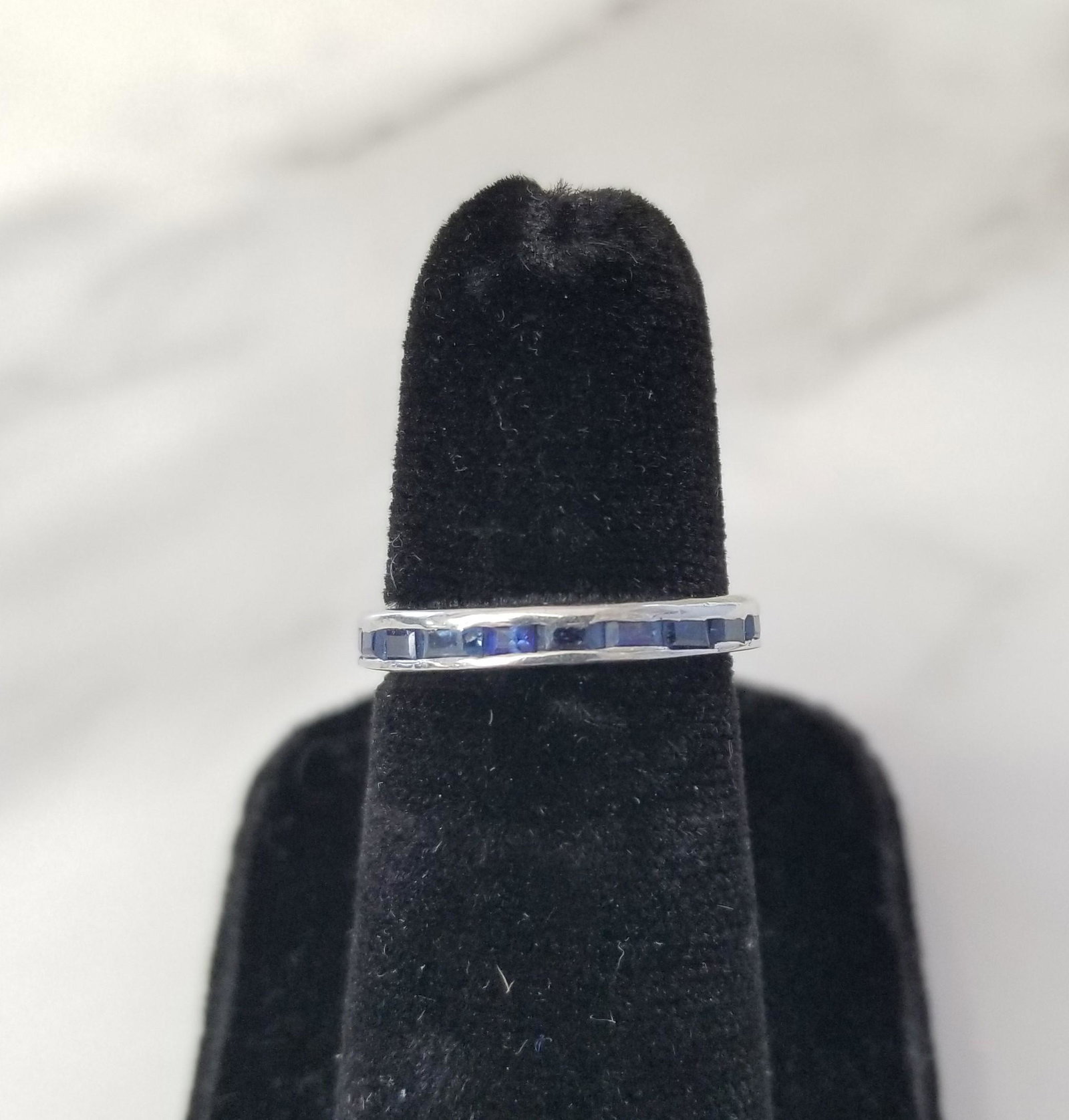 Palladium Sapphire Band Ring: This is a pretty blue sapphire palladium band ring. It is a size 6 and weighs 2 grams