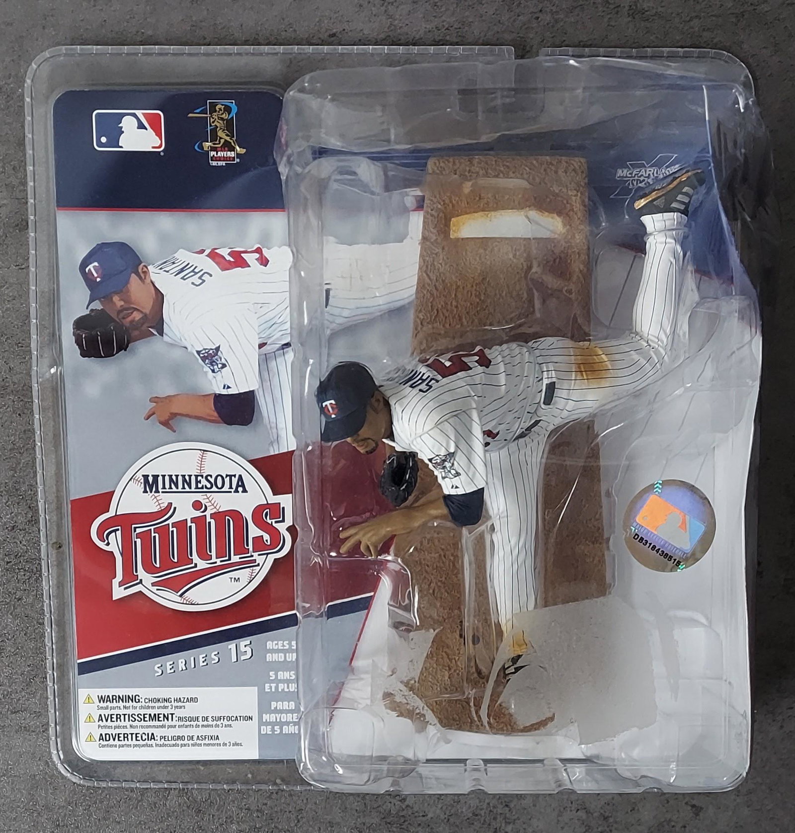 JOHAN SANTANA MINNESOTA TWINS FIGURE- MCFARLANE MLB SERIES 15: This is a Johan Santana figure that comes with a mound plataform. In it's original box. Box is a little bit dented on the top but is still sealed. Front label that said "Jonah Santana, pitcher 57" was