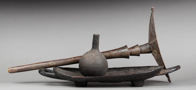 Lobi seat, basketry bottle and a plate: Lobi, Tutsi and Bamileke. 72 - 21 - 64cm