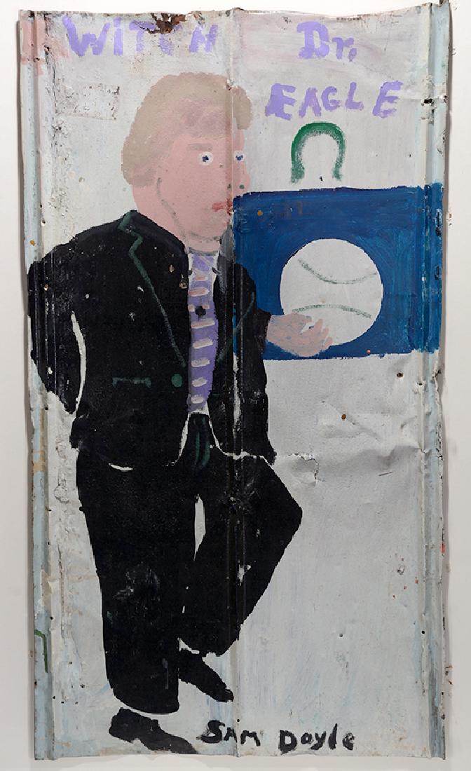Sam Doyle. Witch Dr. Eagle.: Sam Doyle (1906-1985). Witch Dr. Eagle. c. 1970's. Signed and titled. Housepaint on found tin. Excellent condition. Some environmental rust and wear, otherwise excellent condition. Image is 25" w x 45