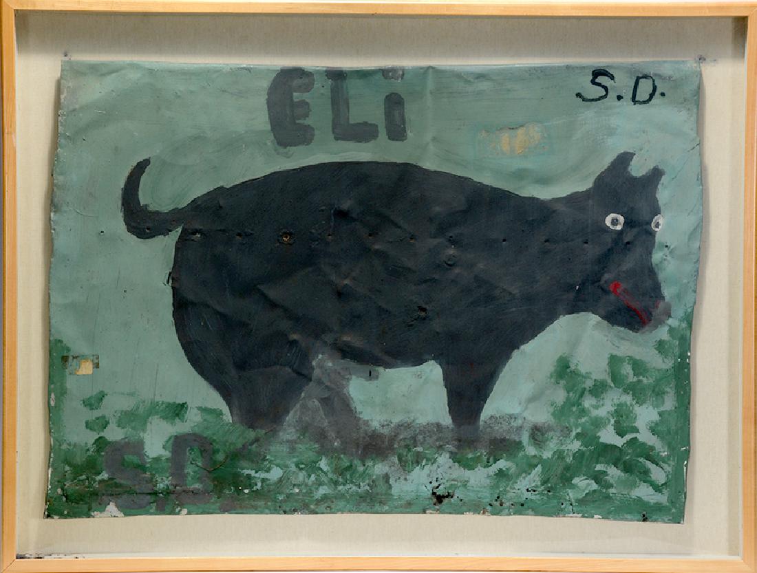 Sam Doyle. Eli.: Sam Doyle. Eli. c. 1970's. Initialed twice and titled. House paint on found tin. Some environmental rust and wear, otherwise excellent condition. Image is 35" w x 25"h. Floated in box frame 41"w x 31"