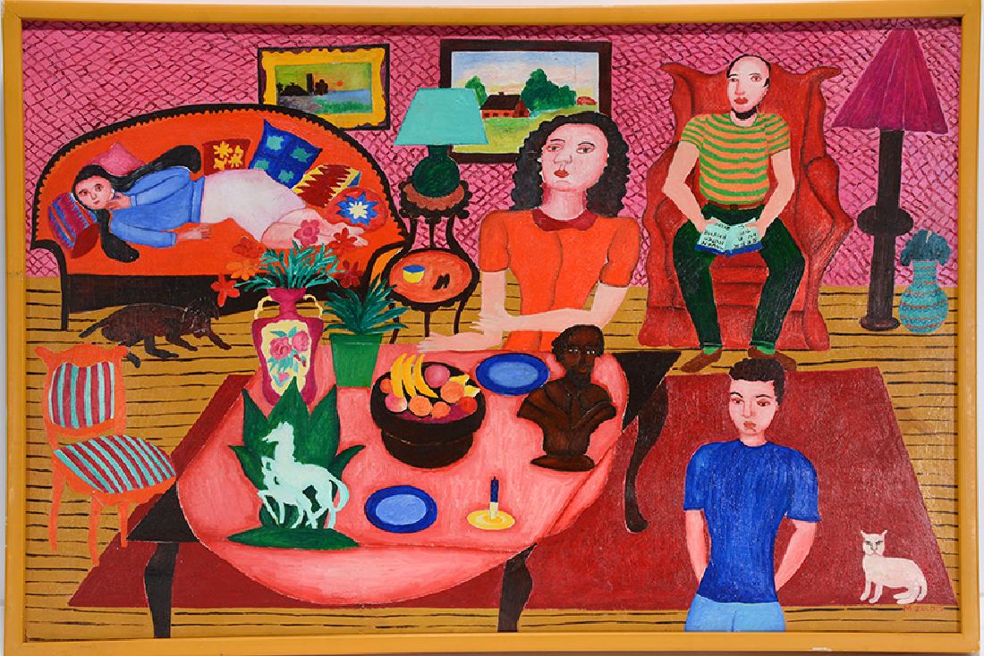 Malcah Zeldis.  Family Portrait In Livingroom. (1 of 2)
