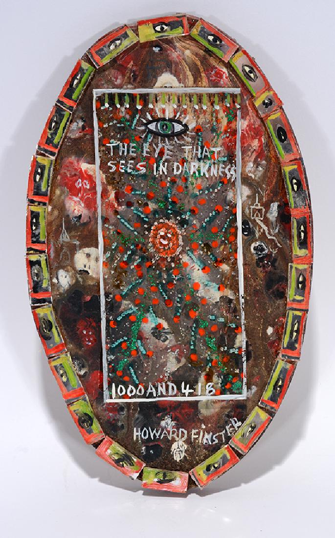 Howard Finster. The Eye That Sees In Darkness.: Howard Finster. The Eye That Sees In Darkness. 1979. #1,418. Signed, dated titled and numbered. Paint on board and glass mirror with glitter. Verso has writing on paper and board. Excellent condition.