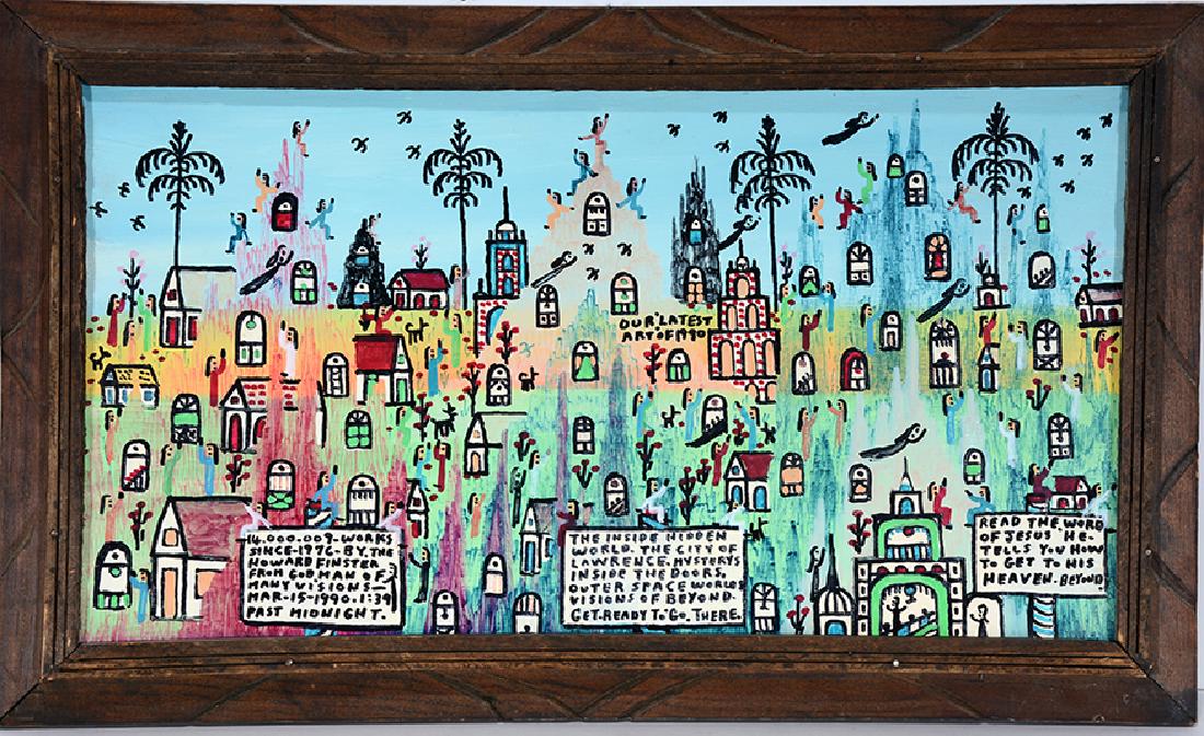 Howard Finster. The City of Lawrence.: Howard Finster. The City of Lawrence. 1990. #14,009. Signed, dated and numbered. Paint and marker on board. Excellent condition with frame. 22"w x 14"h. Est. $800-1,200. Ship: $45