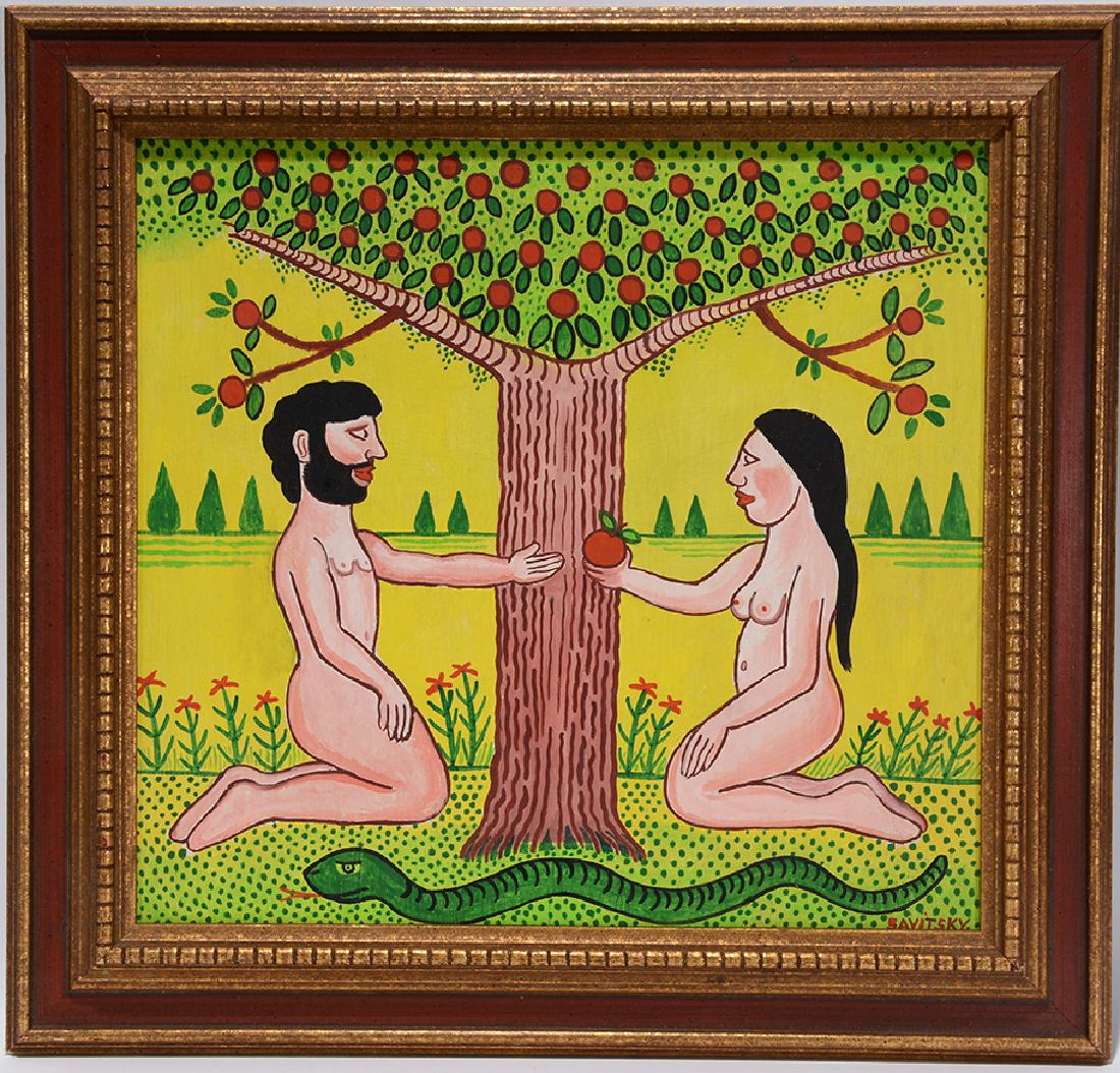 Jack Savitsky. Adam And Eve.: Jack Savitsky. Adam And Eve. Signed. Oil on board. Excellent condition. Size with frame is 21"w x 20"h. Provenance: ex. Florida Folk Art Museum. Est. $2,000-3,000. Ship: $45
