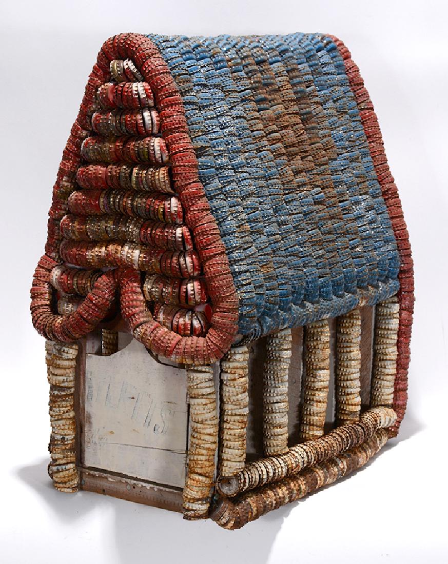 Clarence Woolsey. Bottlecap Steakhouse.: Clarence Woolsey. Red, White and Blue Steakhouse. Signed with steakhouse card. Old bottlecaps, glitter and paint construction. Excellent condition. 19"x 11" x 22". Est. $1,000-2,000. Ship: $85