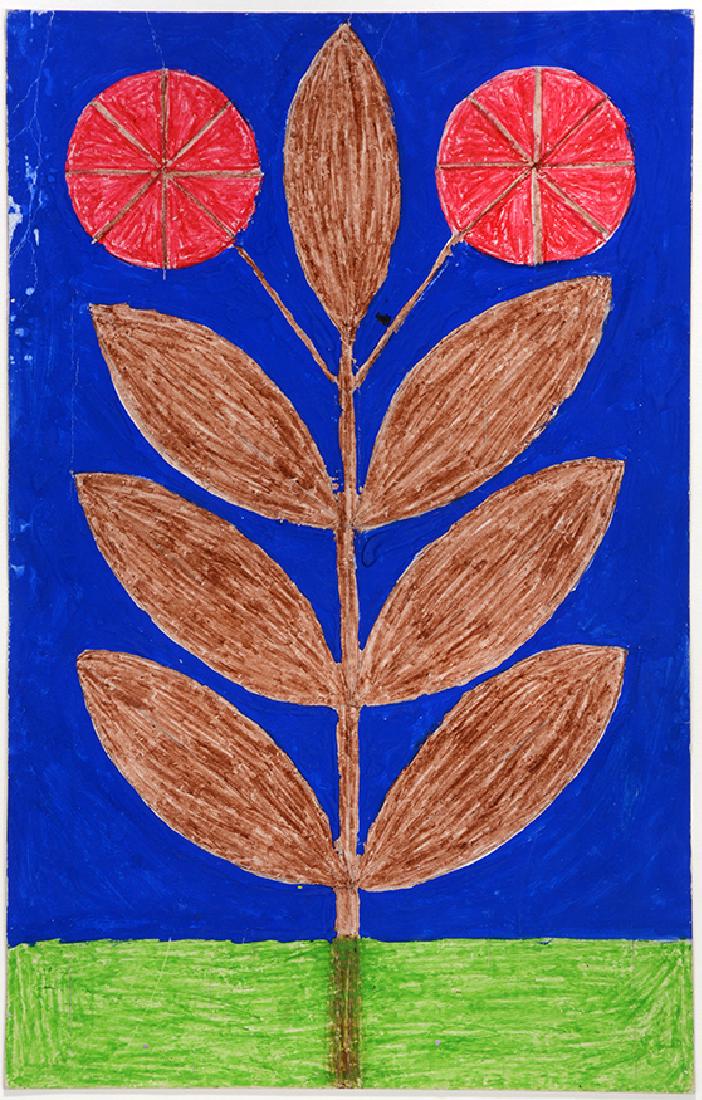 Eddie Arning.  Red Flower On Painted Blue Sky. (1 of 2)