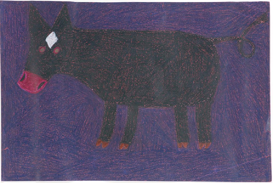 Eddie Arning. Black Cow with Diamond.: Eddie Arning. Black Cow With Diamond Mark. #152. Dark Craypas and crayon on paper. Minor tear and crease on edge of paper, otherwise good condition. Provenance: ex. Mendelsohn Collection. Image is 24"