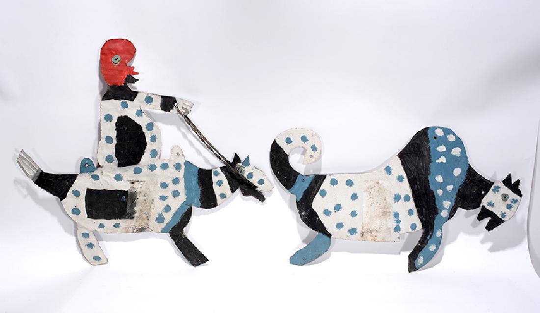 David Butler. Indian Hunting Buffalo.: David Butler. Indian Hunting Buffalo On Horseback. Initialed. Paint on cut out tin with shoe string. Some environmental weathering and wear were they were attached to wooden post. Excellent condition.