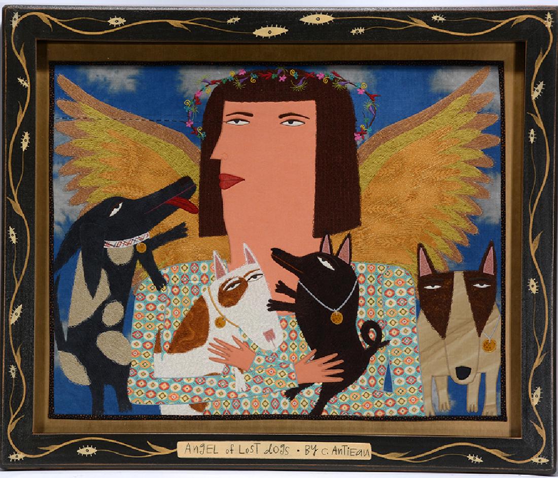 Chris Roberts Antieau. Angel Of Lost Dogs.: Chris Roberts Antieau. Angel Of Lost Dogs. Signed and titled. Appliqued fabric and mixed media with artist decorated frame. Excellent condition. 29"w x 24"h. Est. $1,000-1,500. Ship: $55
