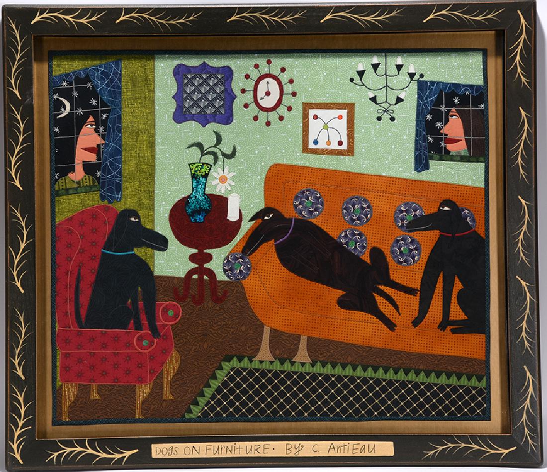 Chris Roberts Antieau. Dogs On Furniture.: Chris Roberts Antieau. Dogs On Furniture. Signed and titled. Appliqued fabric and mixed media with artist decorated frame. Excellent condition. 31"w x 27"h. Est. $1,000-1,500. Ship: $55