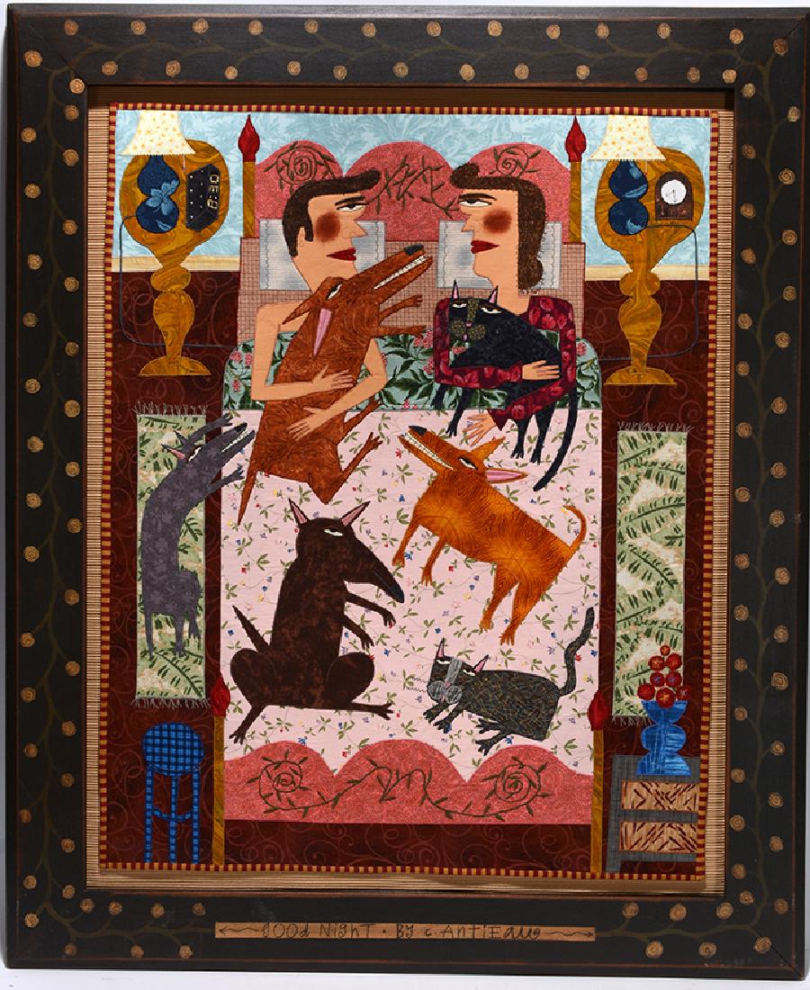 Chris Roberts Antieau. Good Night.: Chris Roberts Antieau. Good Night. 2004. Signed, dated and titled. Appliqued fabric and mixed media with artist frame. Excellent condition. 29"w x 35"h. Est. $800-1,200. Ship: $65
