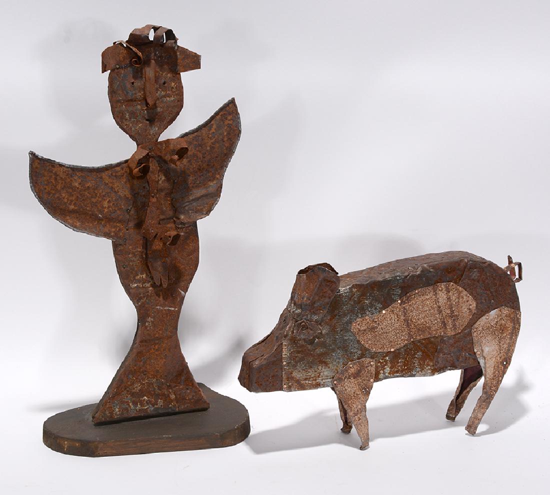 Jerry Coker. Woman With Her Pig.: Jerry Coker. Woman With Her Pig. Signed. Hammered and nailed rusted tin over wood. Excellent condition. Tallest is 18" x 9" x 5". Est. $400-600. Ship: $45