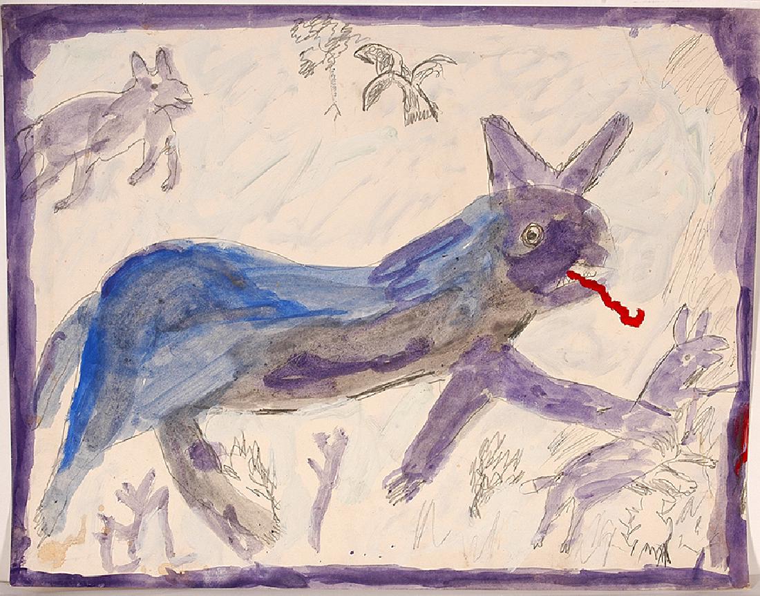 Charlie Kinney. Blue Wolf.: Charlie Kinney. Blue Wolf. Not signed or dated. Watercolor and pencil on poster. Water stain on lower left, otherwise good condition. 28"w x 22"h. Est. $100-300. Ship: $55