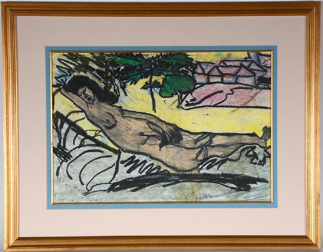 Ike Morgan. Reclining Nude.: Ike Morgan. Reclining Nude. Signed. Not dated. Paint and crayon on found paper. Great condition. Size with frame is 25"w x 20"h. Est. $100-200. Ship: $45