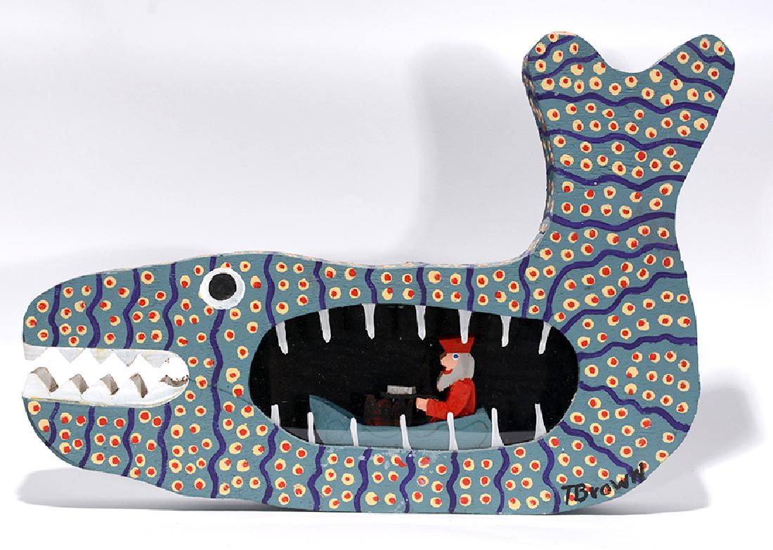 Tubby Brown. Jonah And The Whale.: Tubby Brown. Jonah And The Whale. Signed. Carved and painted wood with plexiglass. Excellent condition. 22" x 16". Est. $300-400. Ship: $45