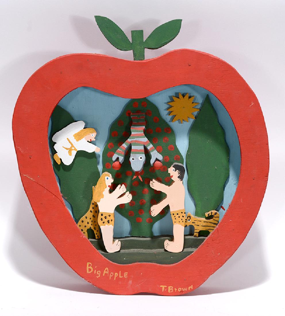 Tubby Brown. Adam & Eve & Big Apple.: Tubby Brown. Adam & Eve and The Big Apple. Signed and dated. Carved and painted wood. Excellent condition. 17" x 19" x 2". Est. $200-400. Ship: $45