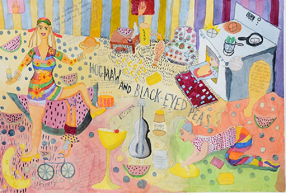 Laura Anne Walker. Hogmaw & Black-Eyed Peas.: Laura Anne Walker. Hogmaw And Black-Eyed Peas. Signed and titled. Watercolor and pencil on paper with lots of script. Image is 27â€ w x 18"h. Frame is 38"w x 31"h. Est. $2,000-3,000. Ship: $85