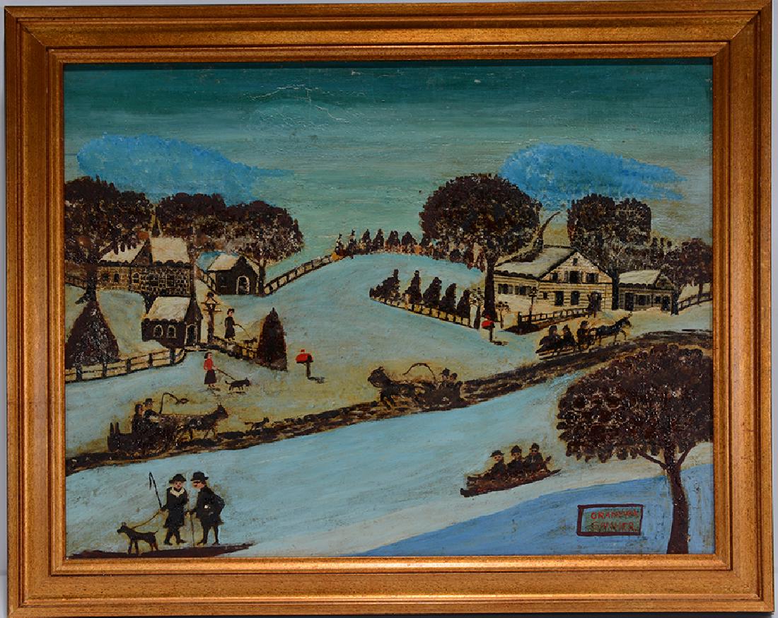 Isador Grand PA Sommer. Sledding.: Isador Grand PA Sommer. Sledding On The Frozen River. Signed. Oil on canvas panel. Excellent condition. 21"w x 16"h including frame. Proceeds from the sale of this painting will benefit The Open Door.