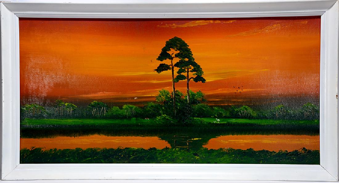 Al Black. Heavy Orange Sky Over Inland River.: Al Black. Heavy Orange Sky Over Inland River. Signed on verso by James Gibson verifying Al Black as the artist. Oil on upson board. Excellent condition. Size with frame is 52"w x 28"h. Est. $1,000-2,0
