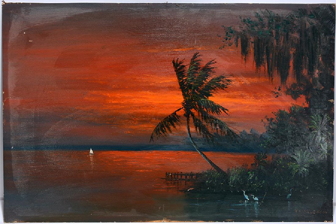 R.A. McLendon. Sunset With Sailboat & Palm.: R.A. McLendon. Sunset With Sailboat & Palm. Signed. Oil on upson. Wear on edge and wipe marks on front, otherwise fair condition. 36"w x 24"h. Est. $200-300. Ship: $65