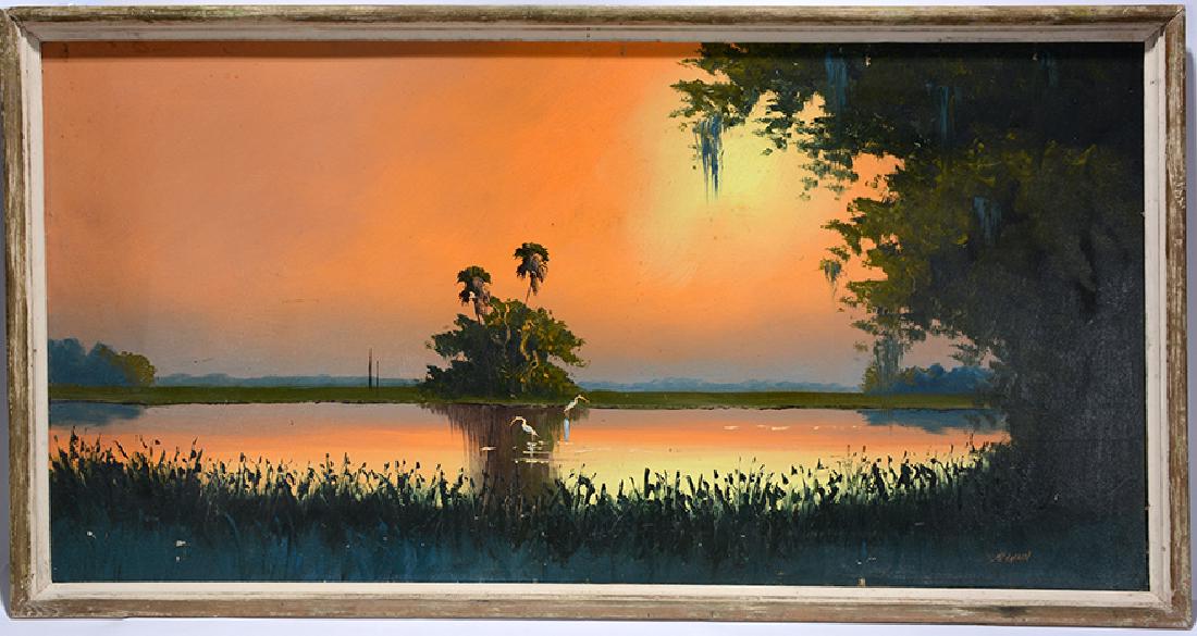 Sam Newton. Orange Sunset On Inland Lake.: Sam Newton. Orange Sunset On Inland Lake. Signed. Oil on upson board. Minor scratches, otherwise good condition. Size with frame is 50"w x 26"h. Est. $800-1,200. Ship: $125