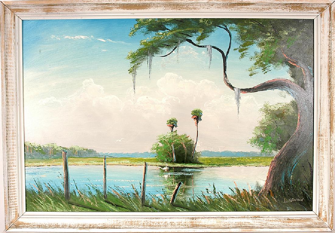 Lemuel Newton. Florida Landscape.: Lemuel Newton. Florida Landscape With Live Oak In Foreground. Signed. Oil on board. 39"w x 27.5"h with artist made molding frame. Est. $300-500. $75