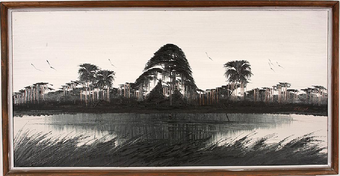 James Gibson. Monochromatic FL Landscape.: James Gibson. Monochromatic Florida Landscape. Signed. Oil on upson board. 50"w x 26"h with artist made molding frame. Very good condition. Est. $300-500. Ship: $125