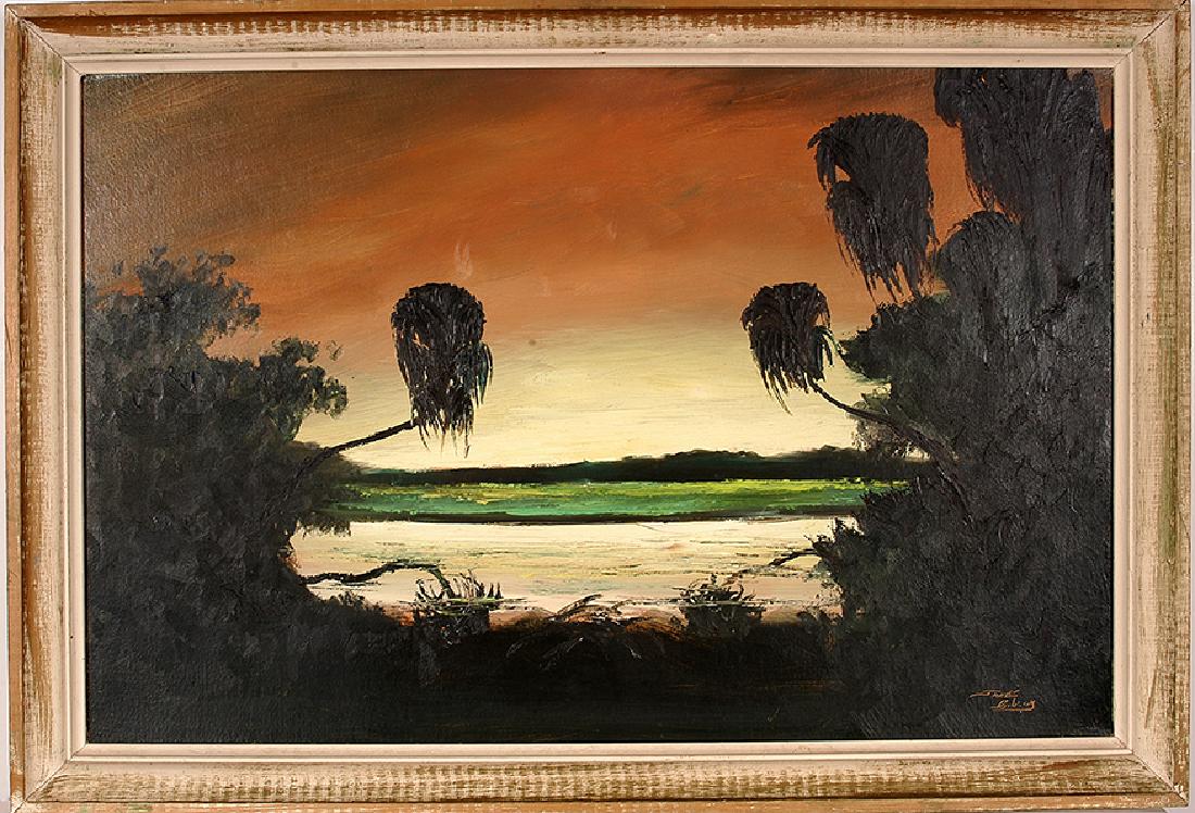 James Gibson. Marshland Past Sunset.: James Gibson. Marshland Past Sunset. Signed. Oil on upson board. 40"w x 27"h with molding frame. Very good condition. Est. $300-500. Ship: $65
