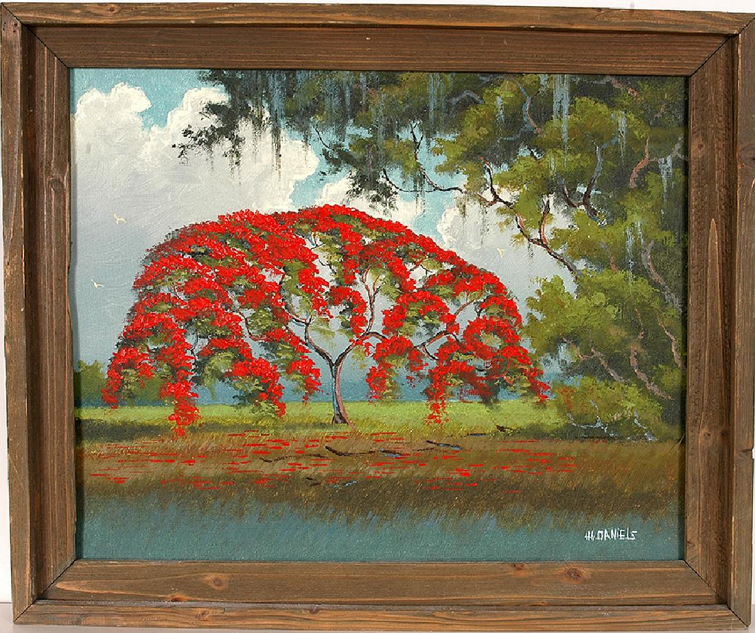 Willie Daniels. Poinciana Tree.: Willie Daniels. Poinciana Tree. Signed. c. post 1980's. Oil on canvas board. 20"w x 16"h. Frame is 23.5"w x 19.5"h. Great condition. Est. $300-500. Ship: $45