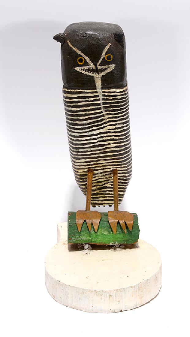 Miles Smith. Owl.: Miles Smith. Owl. Not signed. Carved and painted wood with brass feet. Excellent condition. 13” h x 8” d. Est. $100-300. Ship: $45