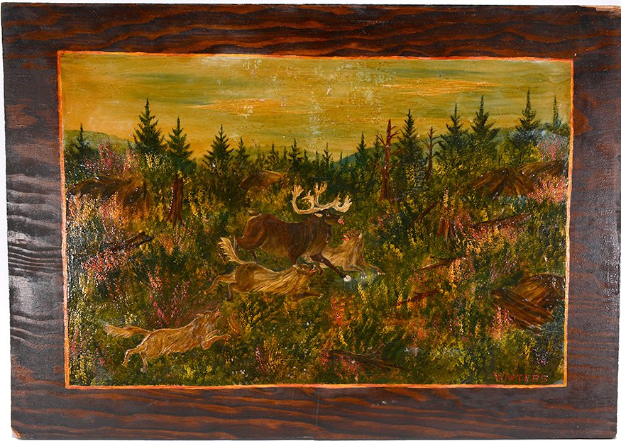 Winters. Wolf Attack On Moose.: Winters. Wolf Attack On Moose. c. 1940’s. Paint and varnish on board. Excellent condition. 24” w x 17”h. Est. $200-300. Ship: $45