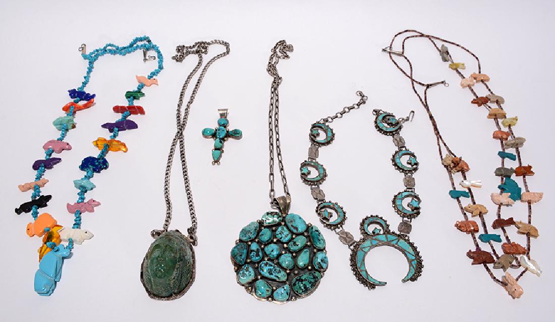 Navajo 5 Silver, Turquoise & Stone Necklaces & Cross. (1 of 3)